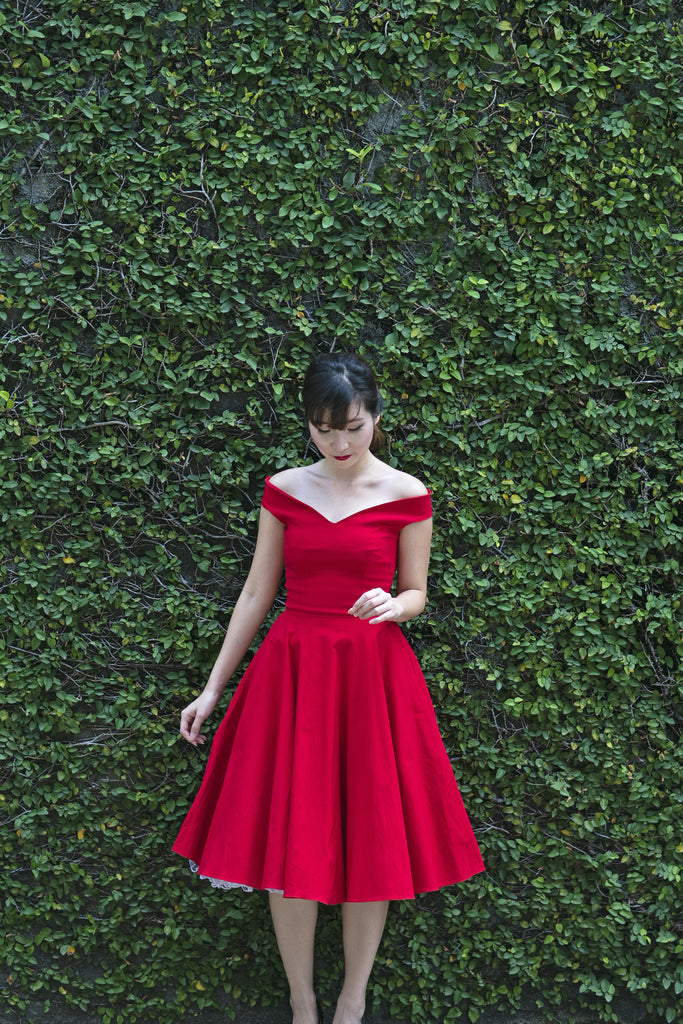 Bardot Off Shoulder Swing Dress In Red