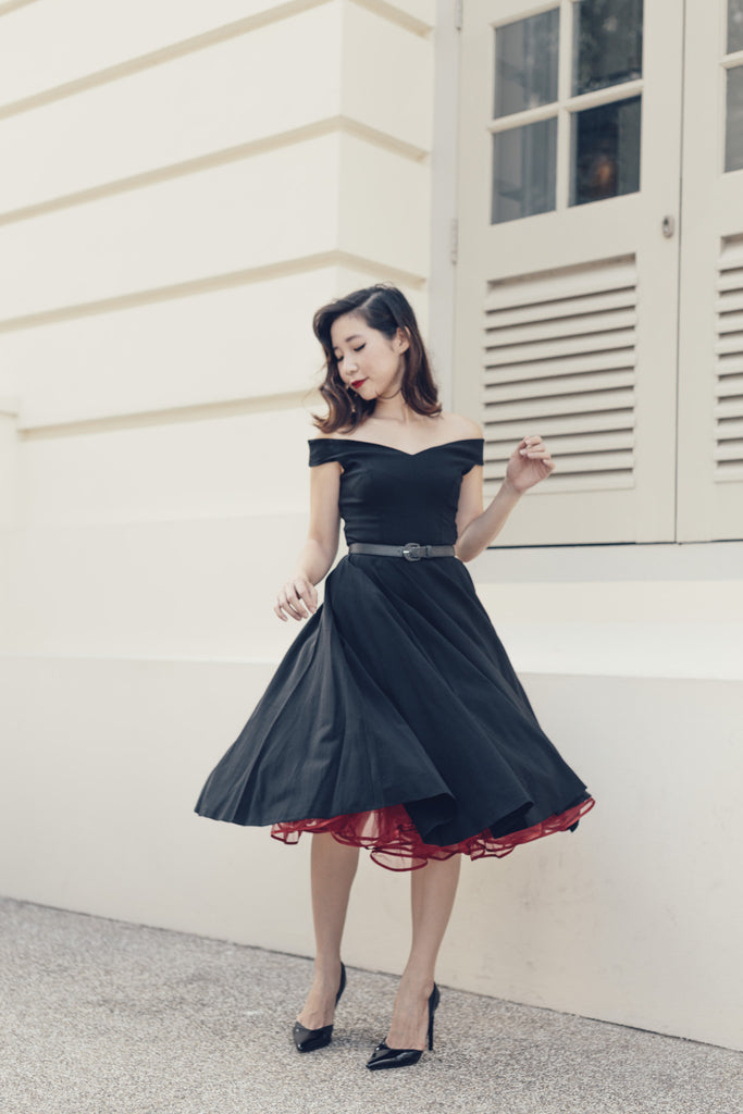 Bardot Off Shoulder Swing Dress In Black