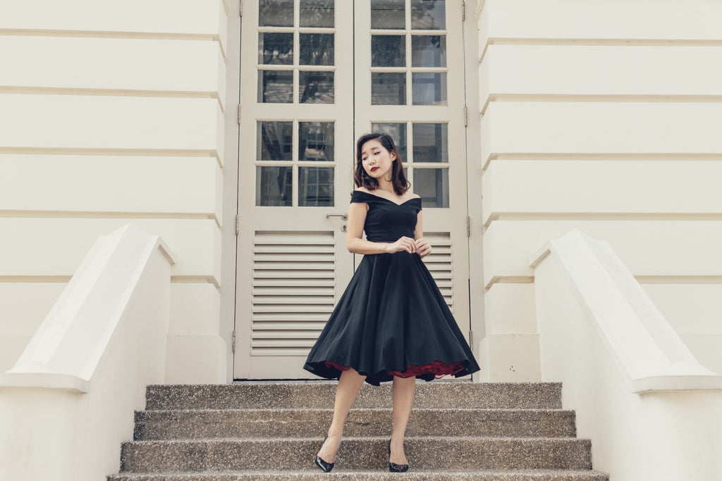 Bardot Off Shoulder Swing Dress In Black