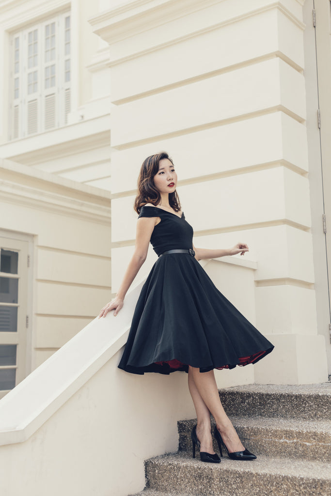 Bardot Off Shoulder Swing Dress In Black