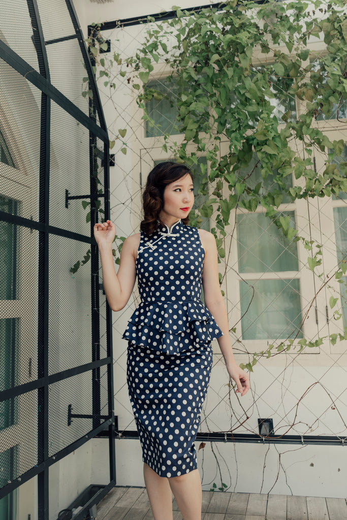Yu Yan 2 Piece Cheongsam in Navy Polkadot