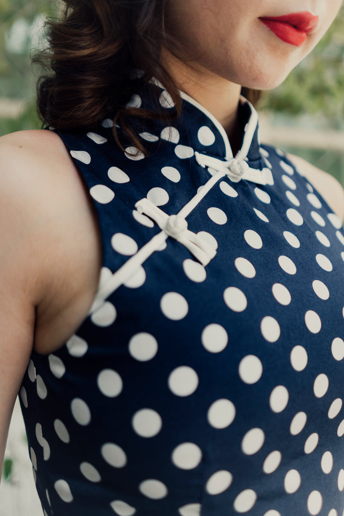 Yu Yan 2 Piece Cheongsam in Navy Polkadot