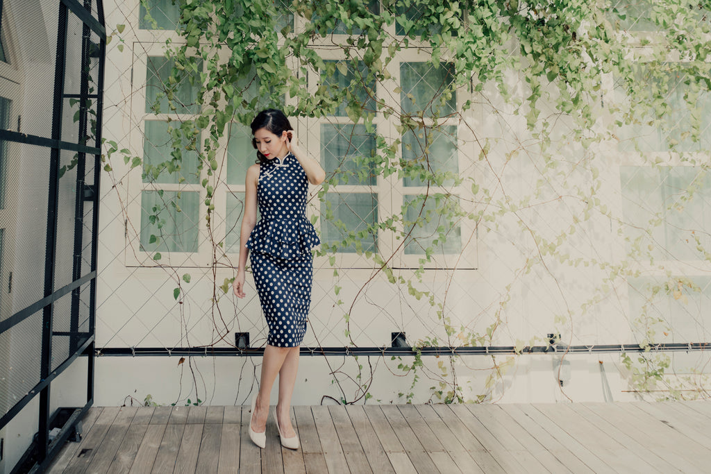 Yu Yan 2 Piece Cheongsam in Navy Polkadot