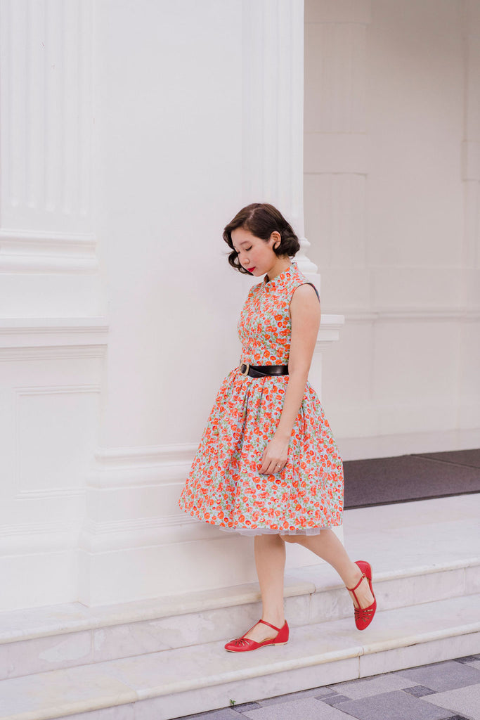 Coral Floral Mandarin Swing Dress