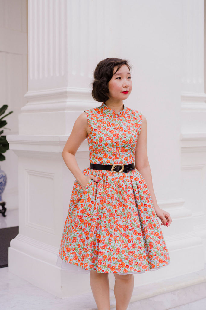 Coral Floral Mandarin Swing Dress
