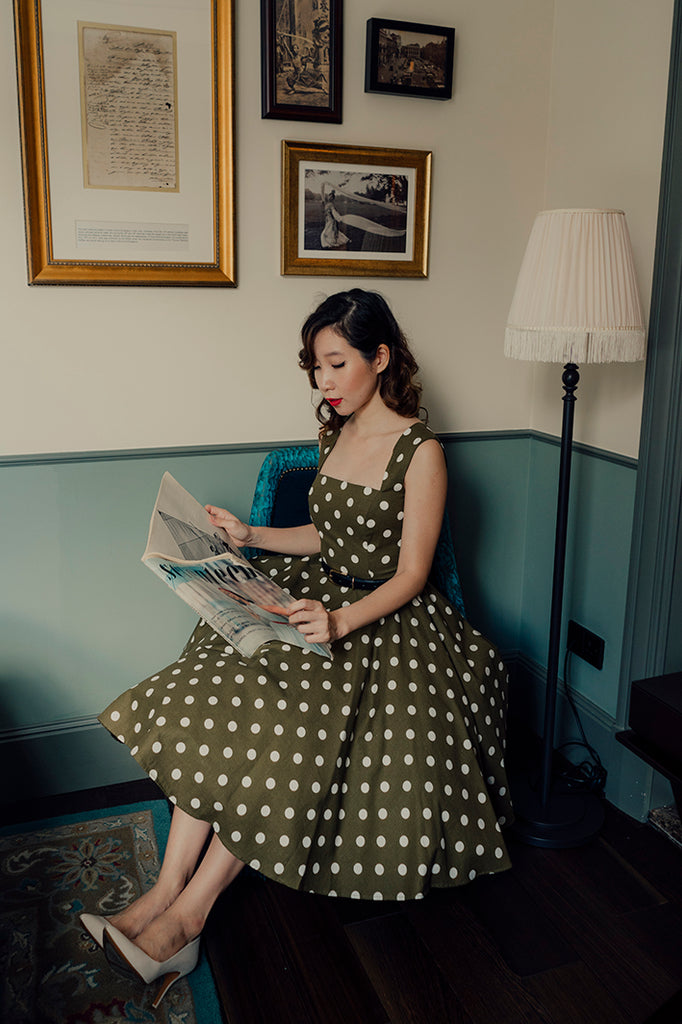 Florence Swing Dress in Olive Polka