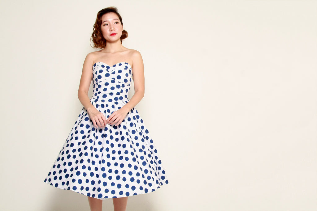 Jane Swing Dress in White & Navy Polka