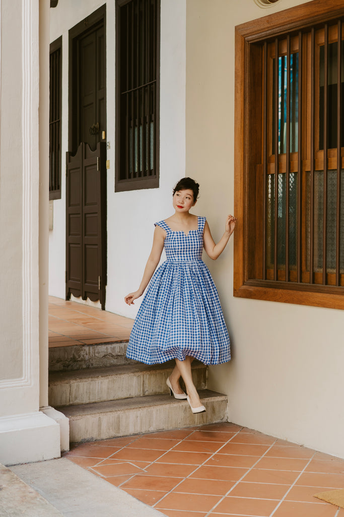 Louisa V Back Swing Dress in Blue Gingham Linen (Pre-Order)