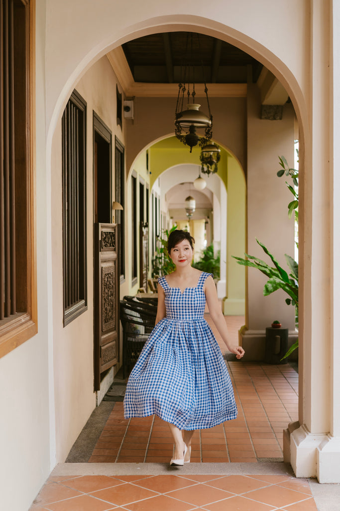 Louisa V Back Swing Dress in Blue Gingham Linen (Pre-Order)