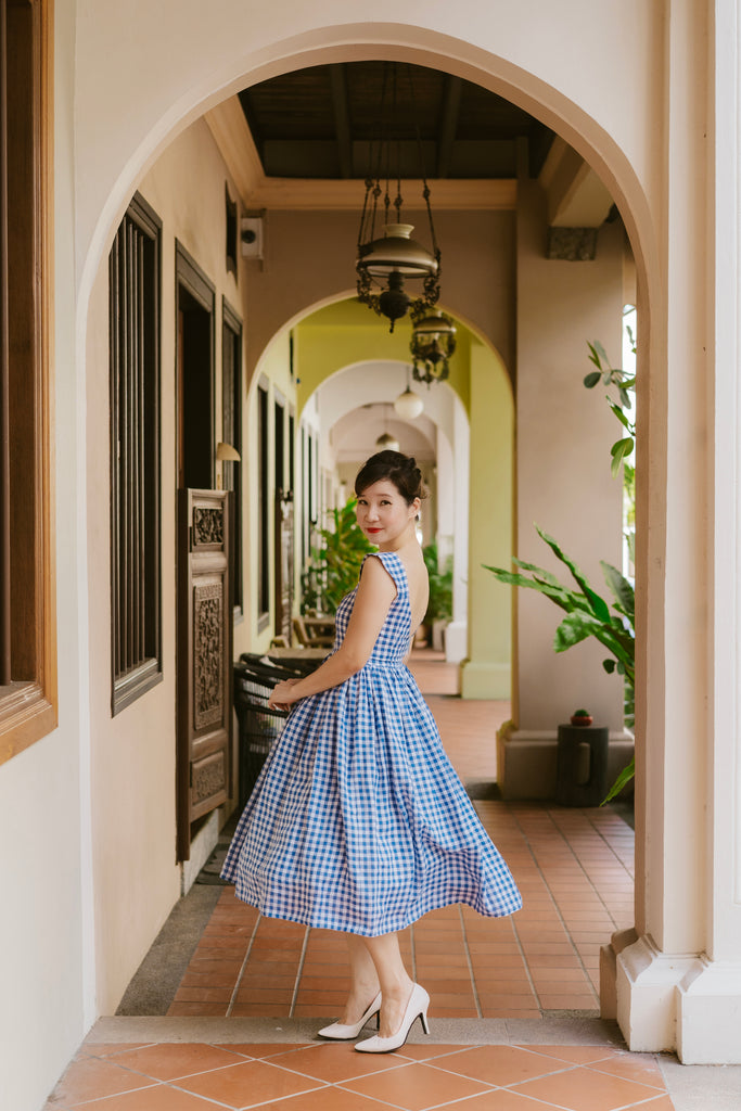 Louisa V Back Swing Dress in Blue Gingham Linen (Pre-Order)