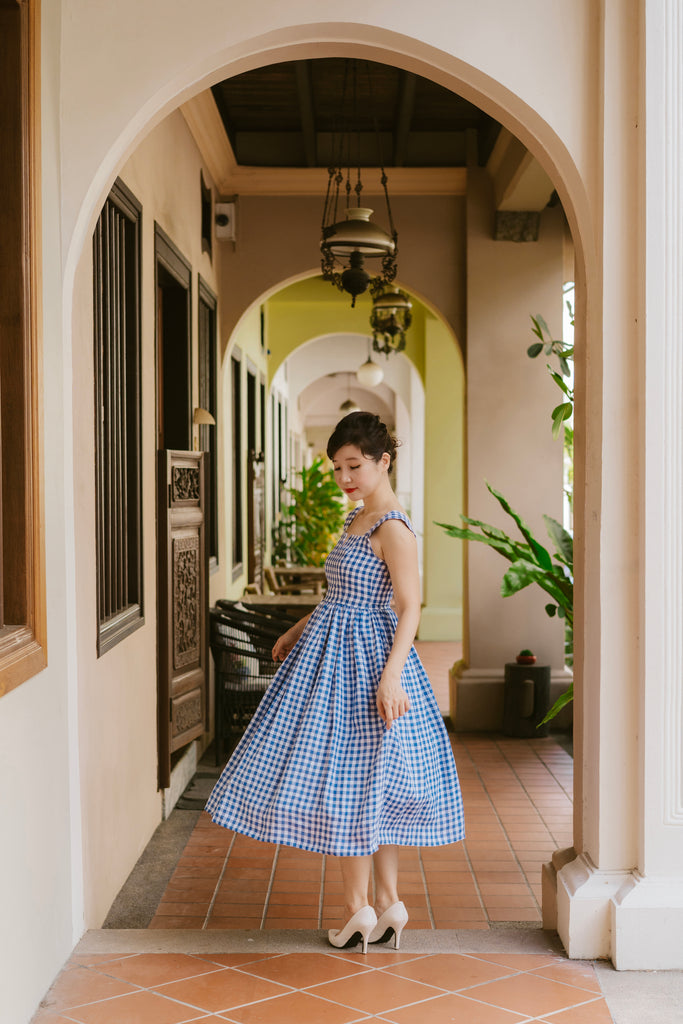 Louisa V Back Swing Dress in Blue Gingham Linen (Pre-Order)