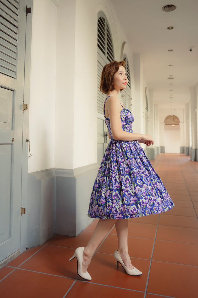 French Purple Floral Summer Swing Dress