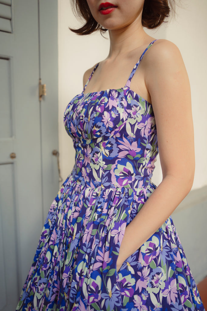 French Purple Floral Summer Swing Dress