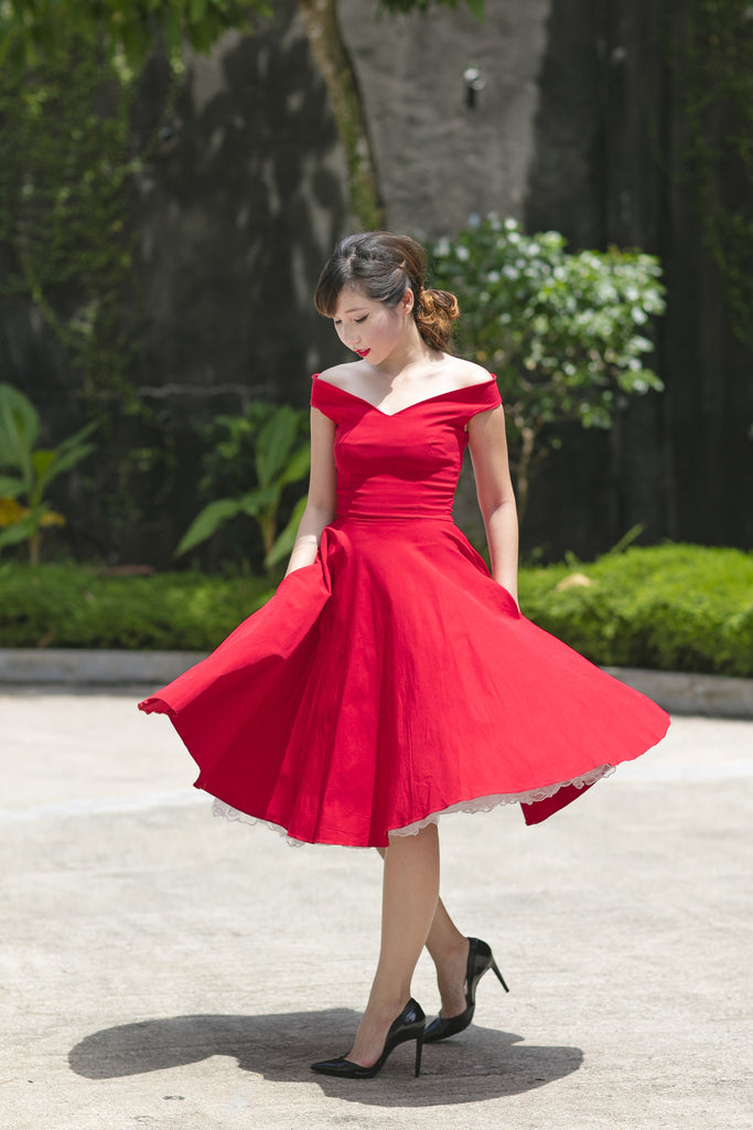 Bardot Off Shoulder Swing Dress In Red – Shopbluebelle