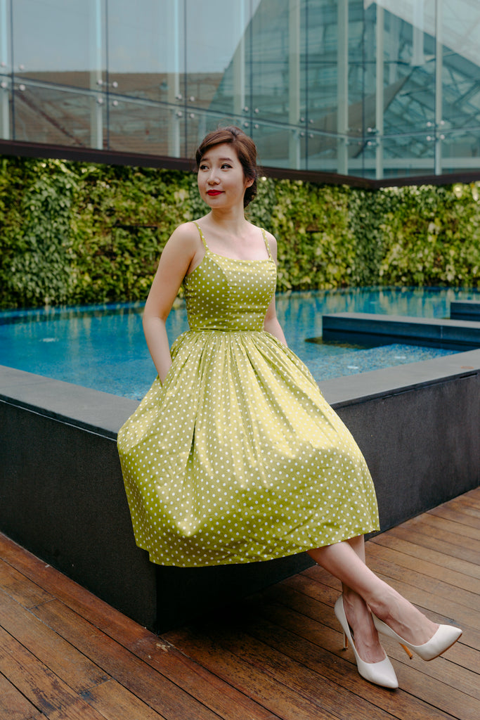 Hana Swing Dress in Green Tea Polka