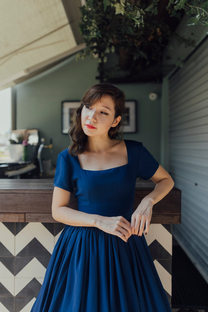 Square neckline navy blue vintage inspired dress with sleeves