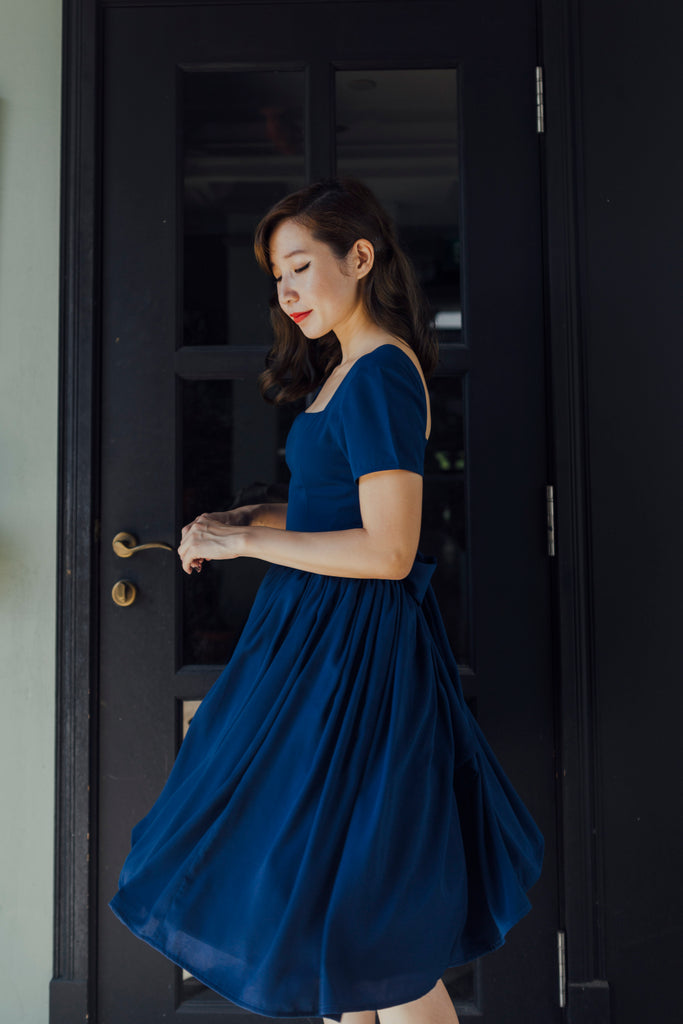 Square neckline navy blue vintage inspired dress with sleeves