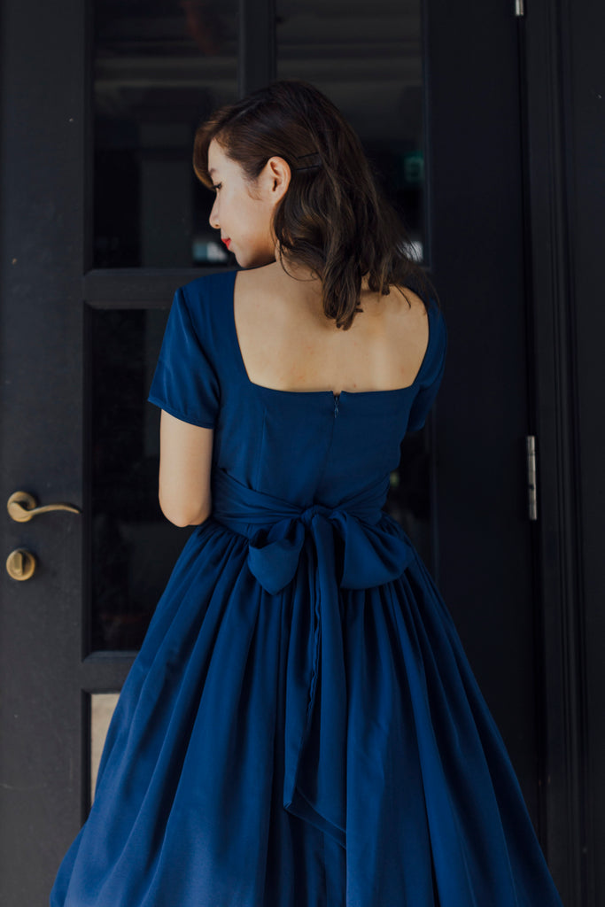 Square neckline navy blue vintage inspired dress with sleeves