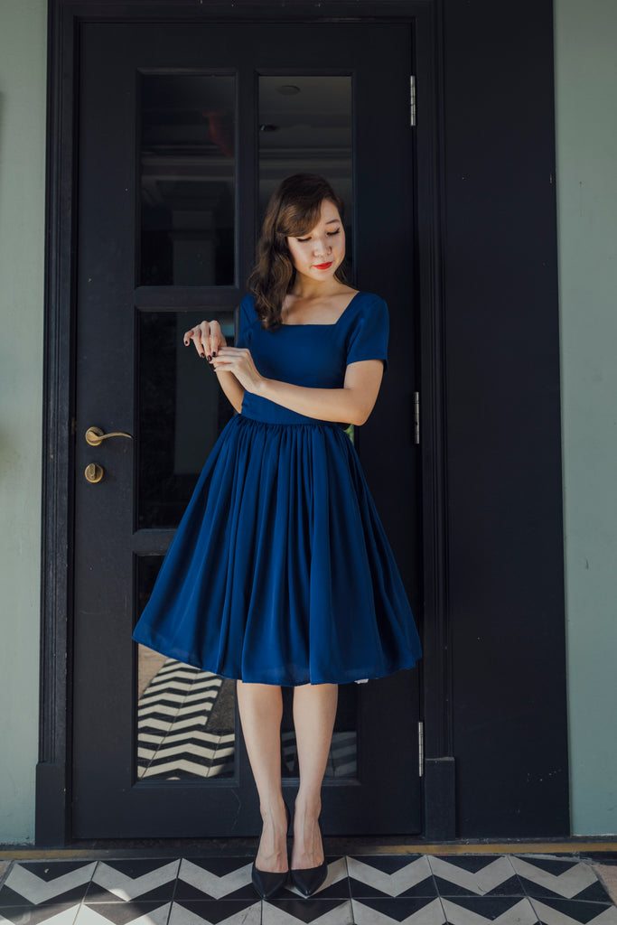 Square neckline navy blue vintage inspired dress with sleeves