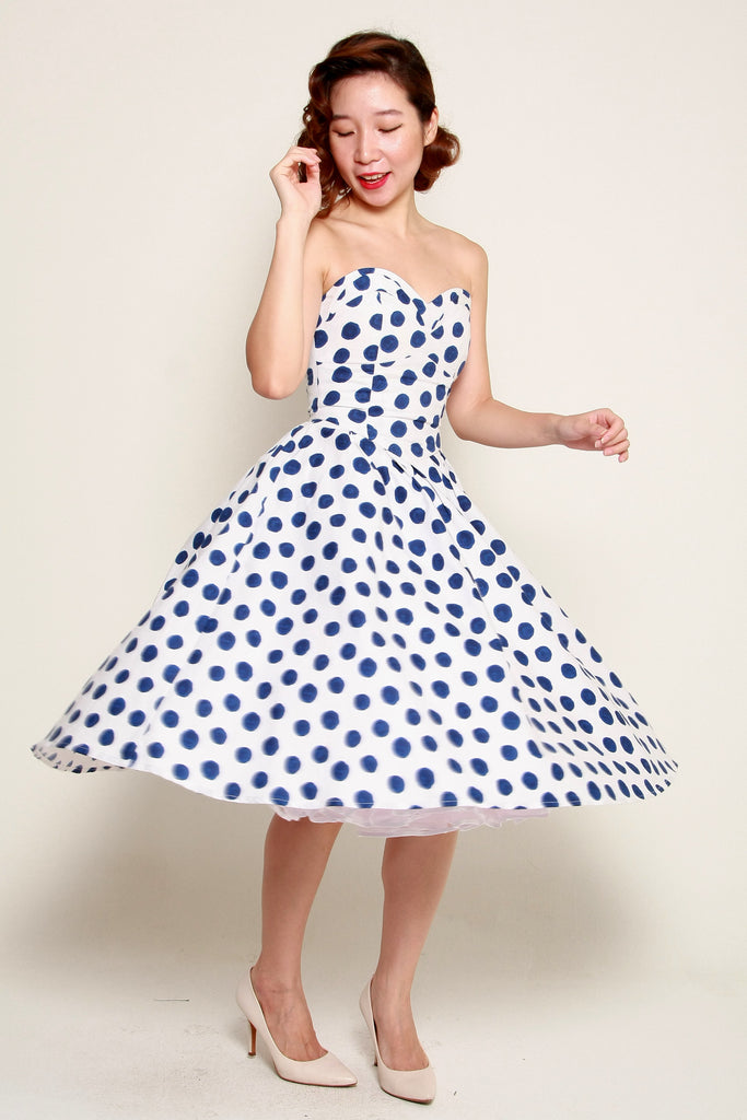 Jane Swing Dress in White & Navy Polka