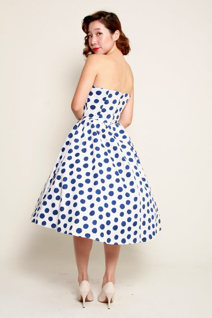 Jane Swing Dress in White & Navy Polka